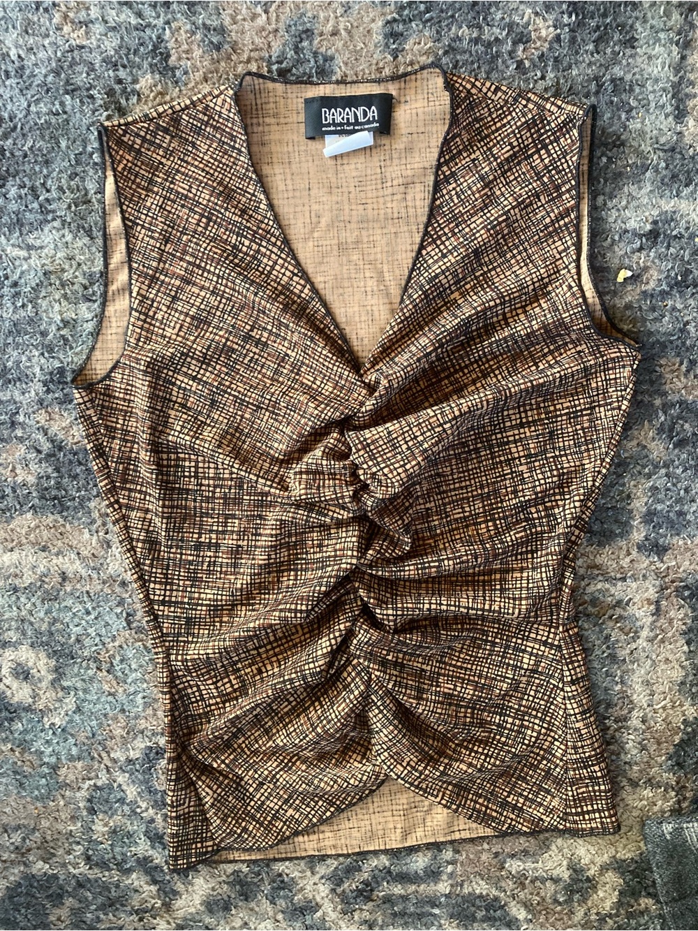 Baranda Brown Ruched Knot-Front Sleeveless Tank